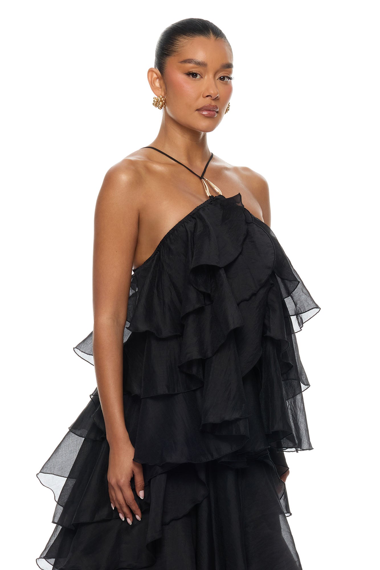 Lylah Ruffle Chiffon Maxi Dress - Black