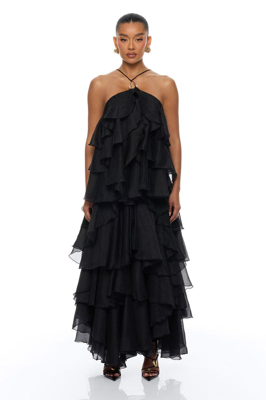 Lylah Ruffle Chiffon Maxi Dress - Black
