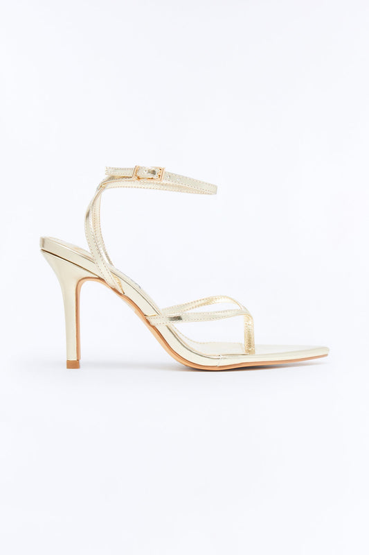 Strappy Ankle Wrap Thong Heels - Gold