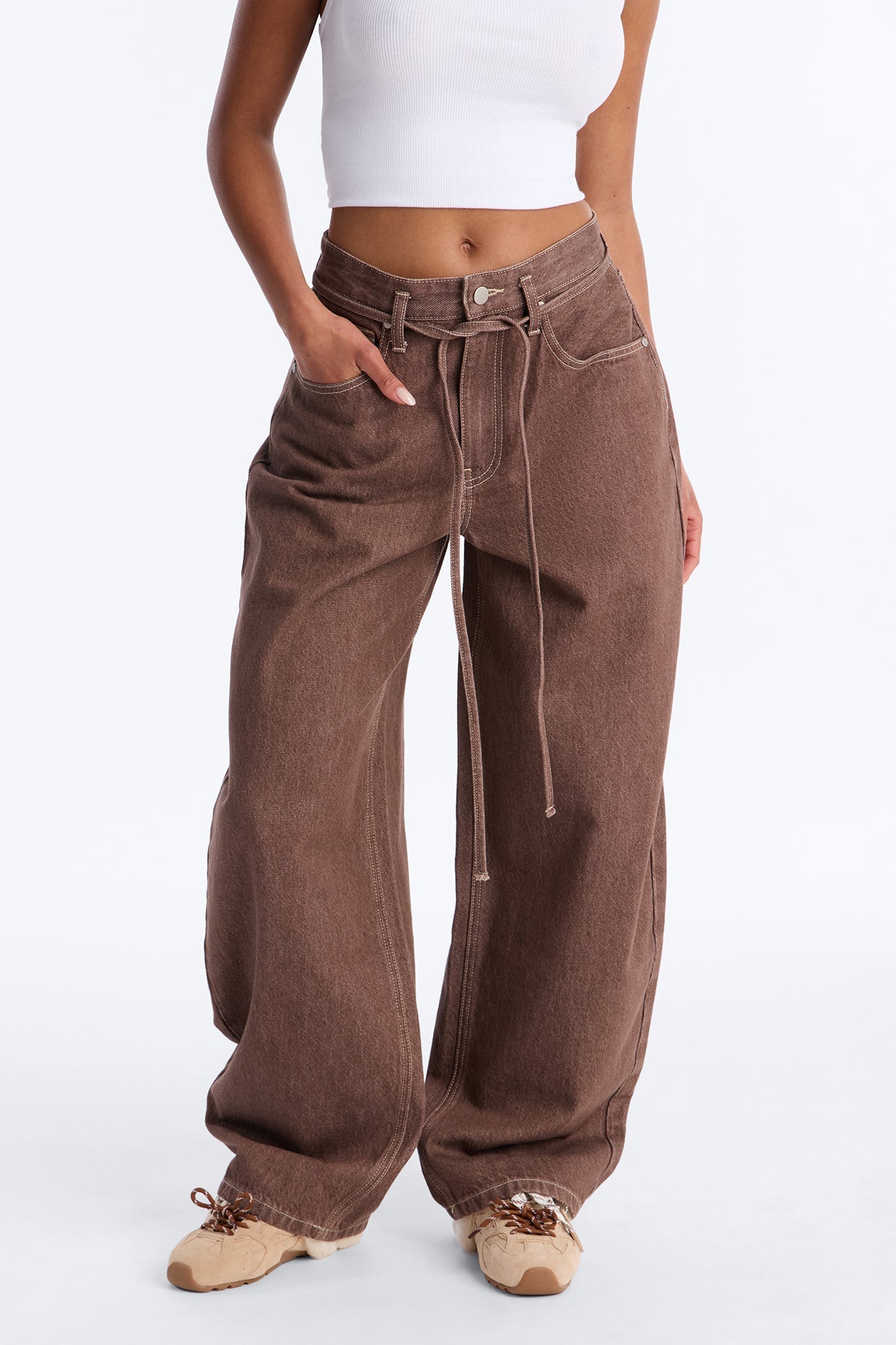 Give Me Attention Tie Waist Jeans - Brown