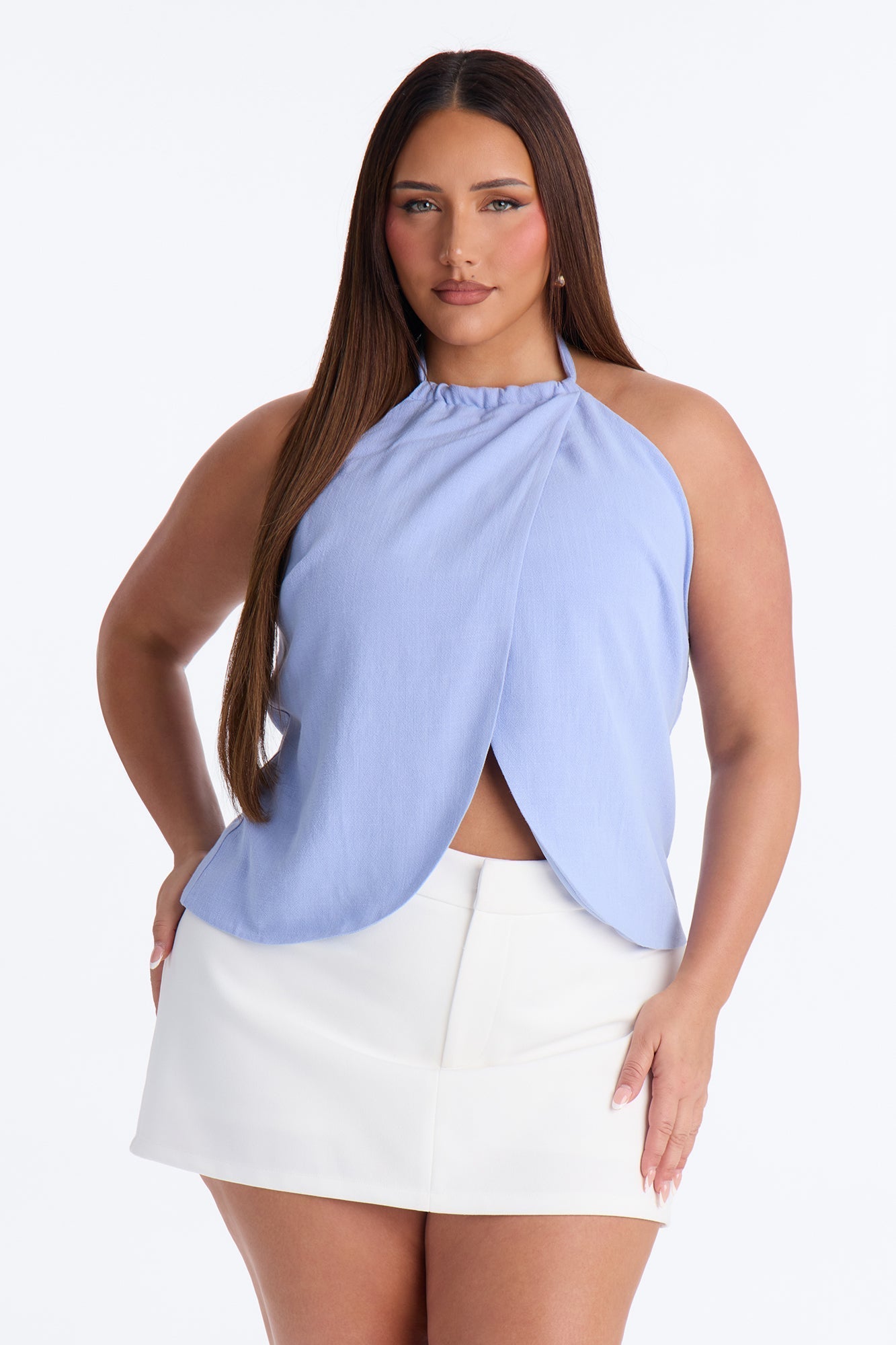 Snack First Wrap Over Linen Halter Top - Dusty Blue Fashion Nova