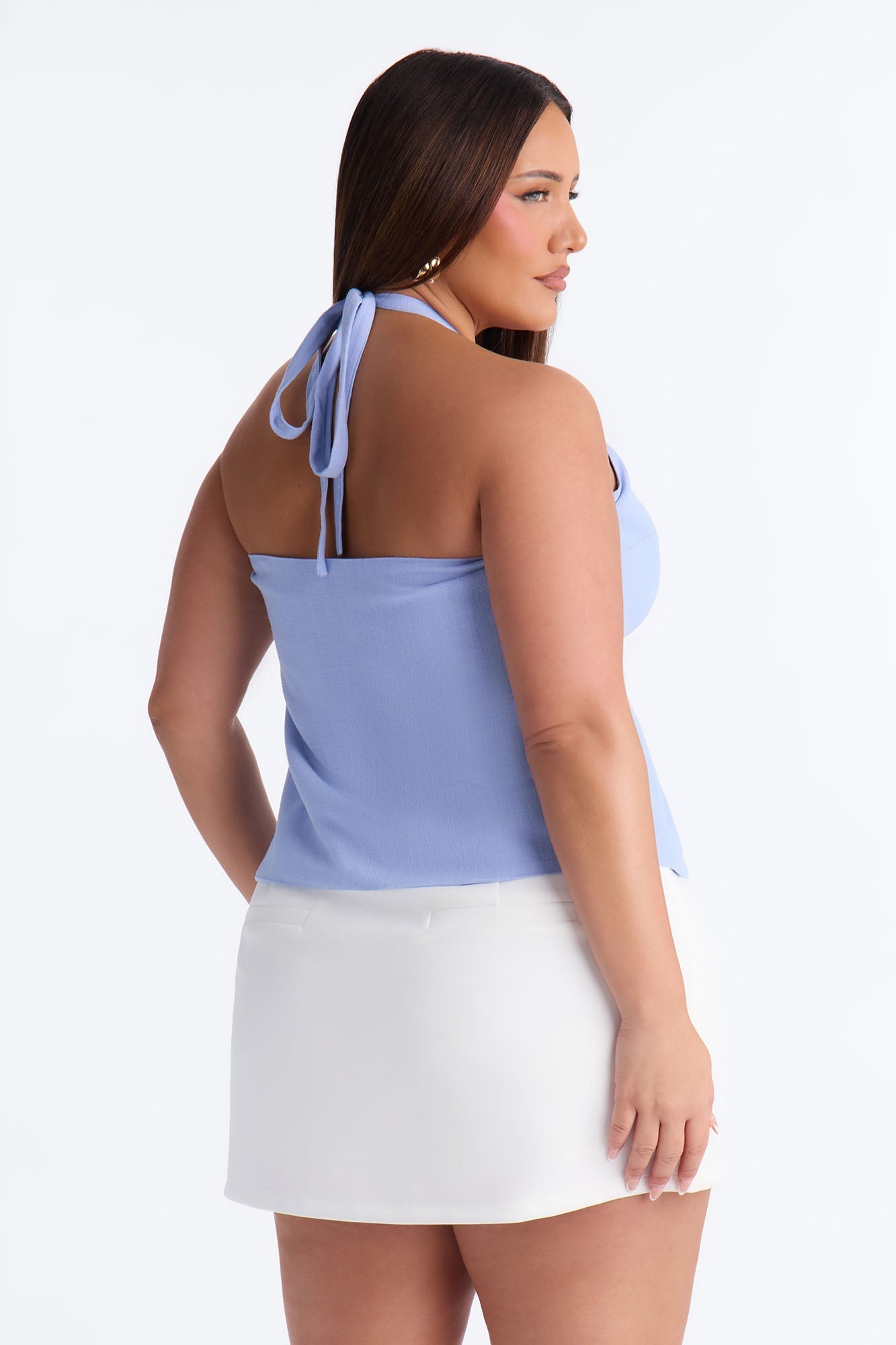 Snack First Wrap Over Linen Halter Top - Dusty Blue Fashion Nova