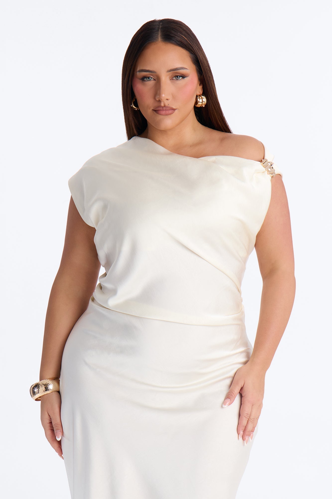 Jazlyn Ruched Satin Midi Dress - White Fashion Nova