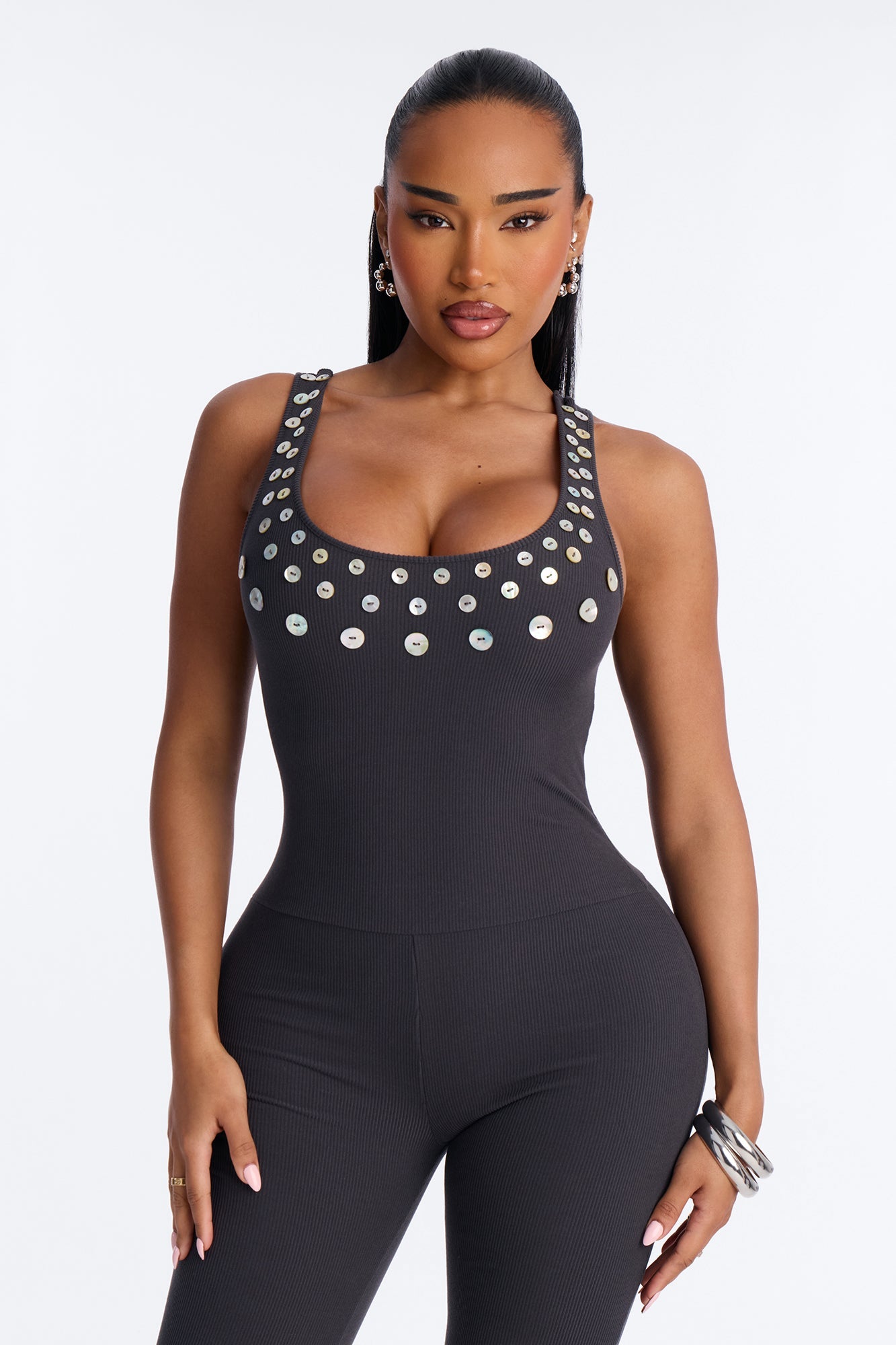 Rio Ribbed Flare Leg Jumpsuit - Charcoal