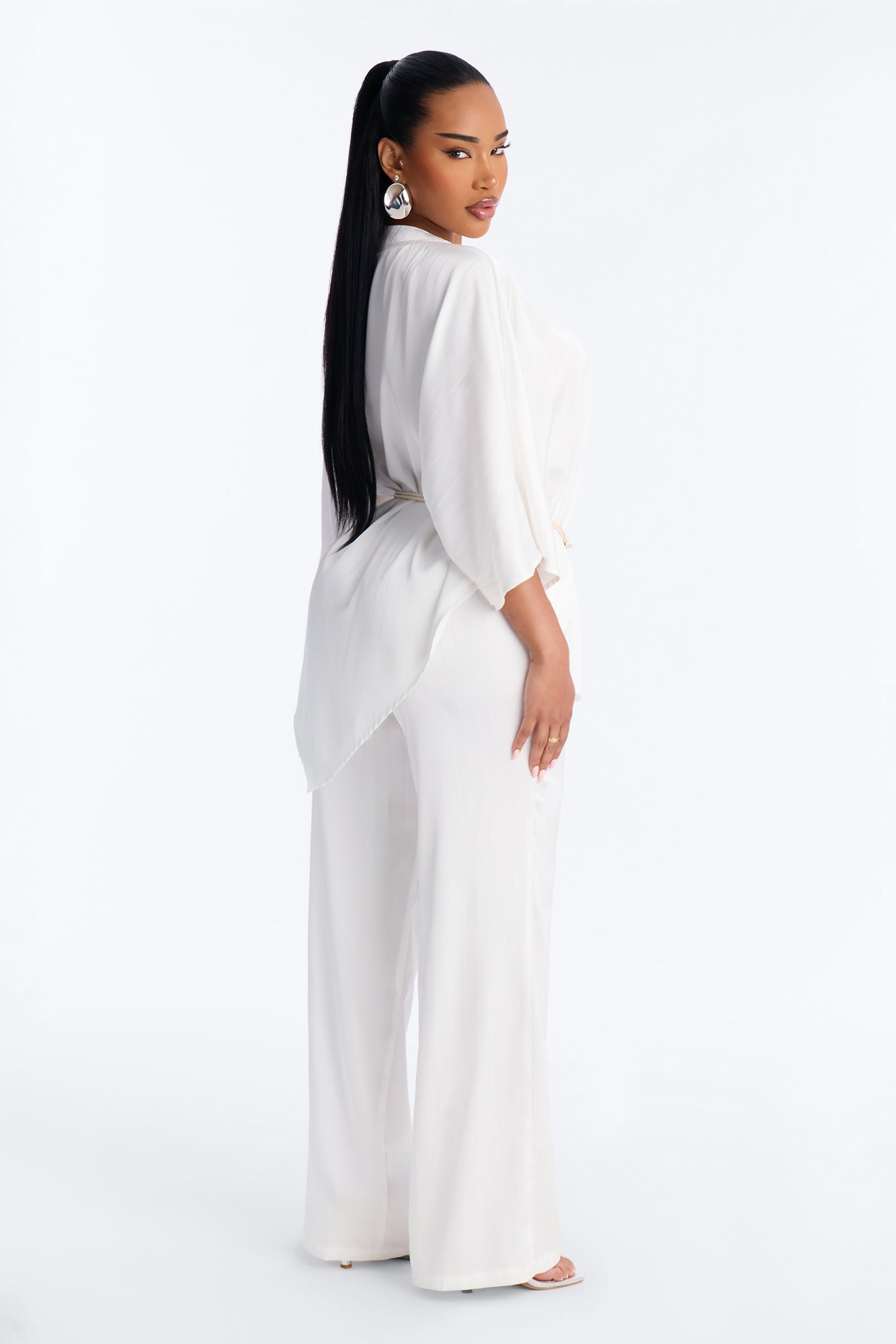 Draped In Elegance Satin 3 Piece Pant Set - Ivory