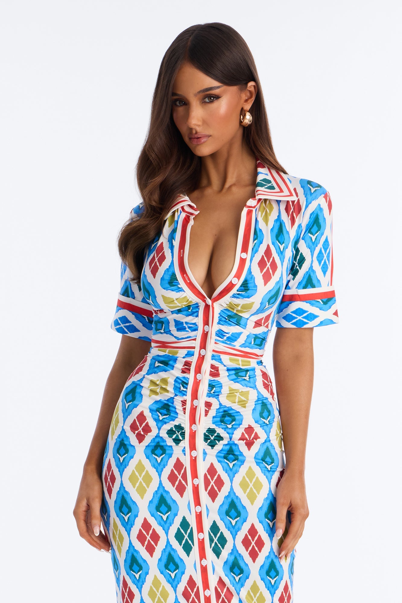 Bernadette Ruched Printed Midi Dress - Blue/combo