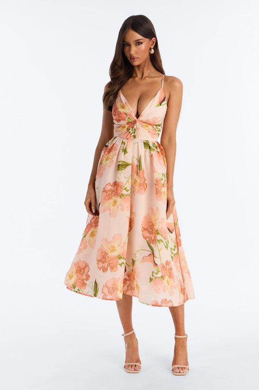 Aria Pleated Floral Midi Dress - Pink