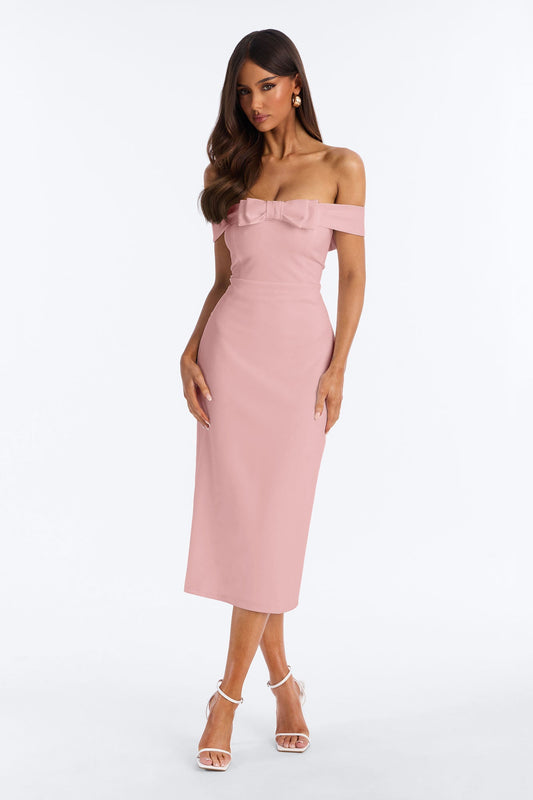 Anabella Off Shoulder Bow Midi Dress - Pink
