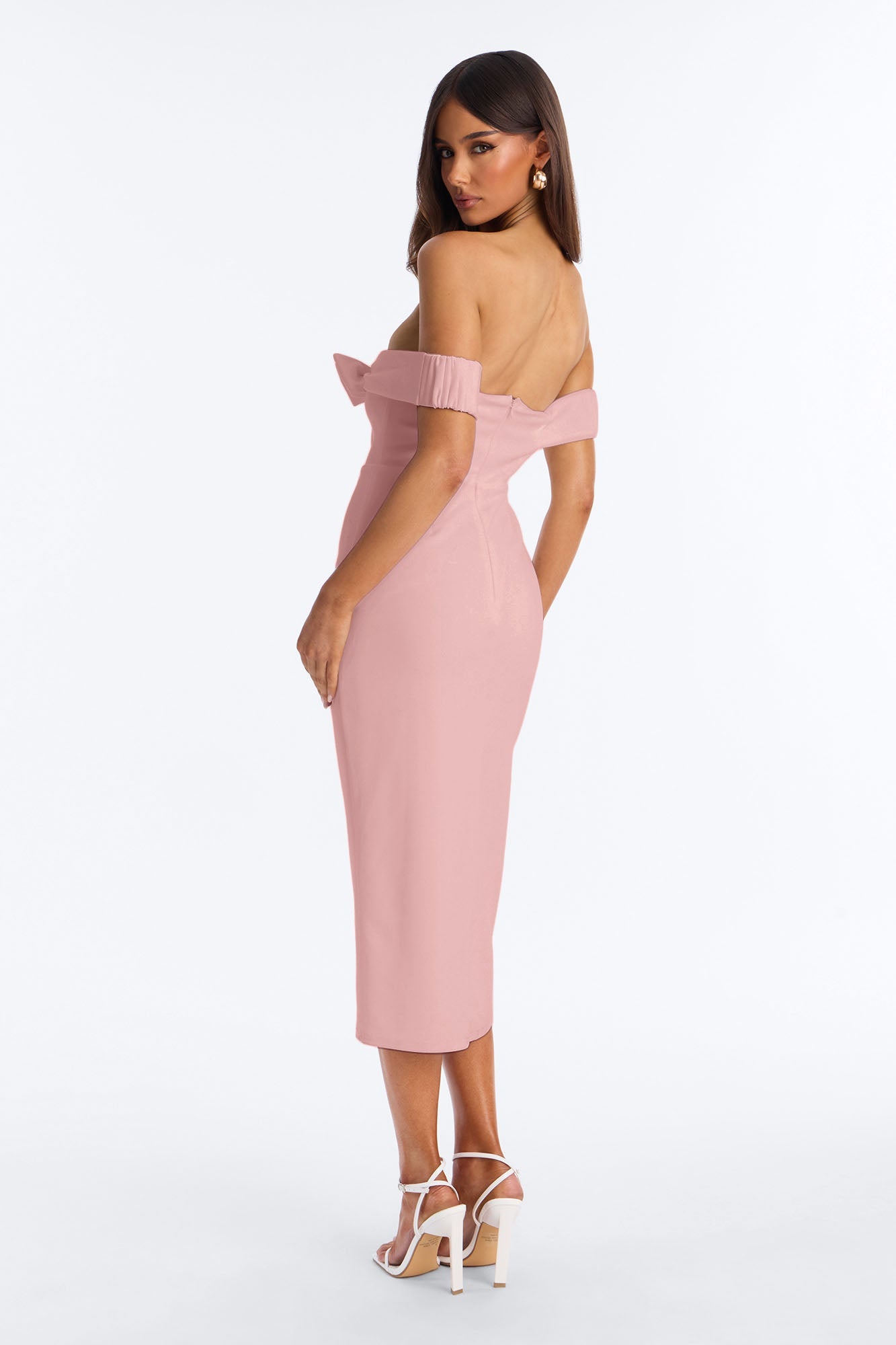Anabella Off Shoulder Bow Midi Dress - Pink