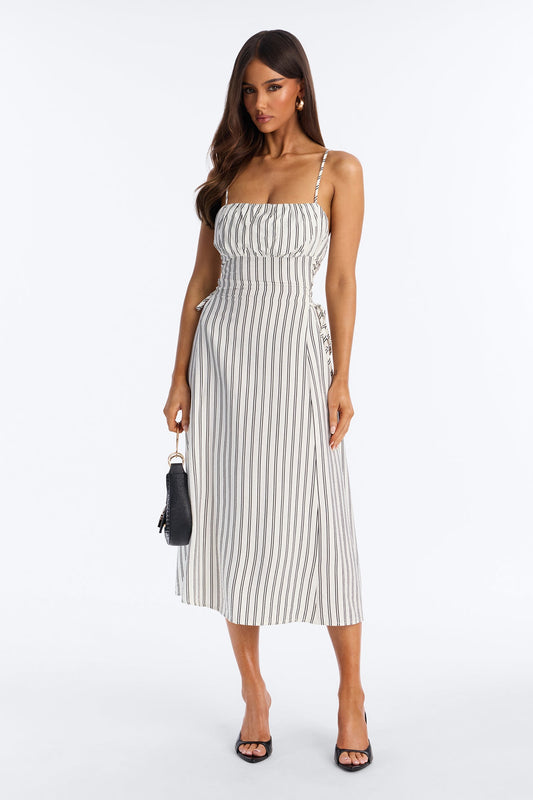 Claire Lace Up Pinstripe Midi Dress - White/combo
