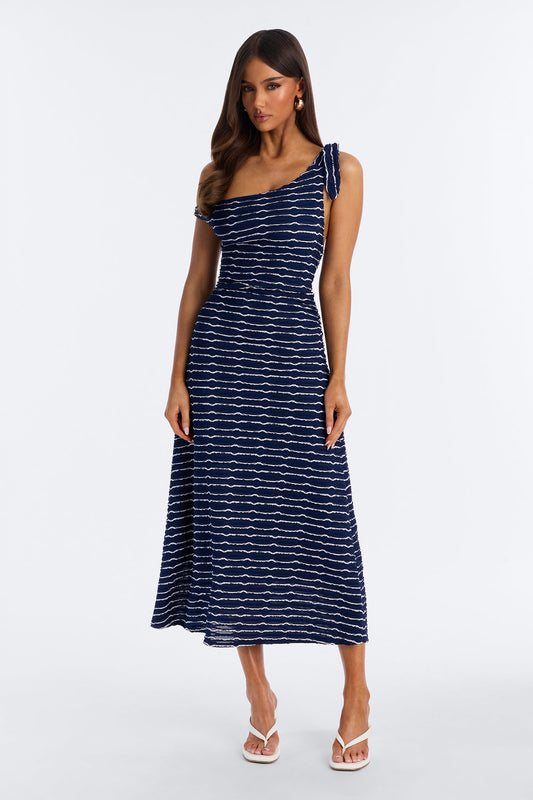 Crystal Striped Textured Midi Dress - Navy/combo