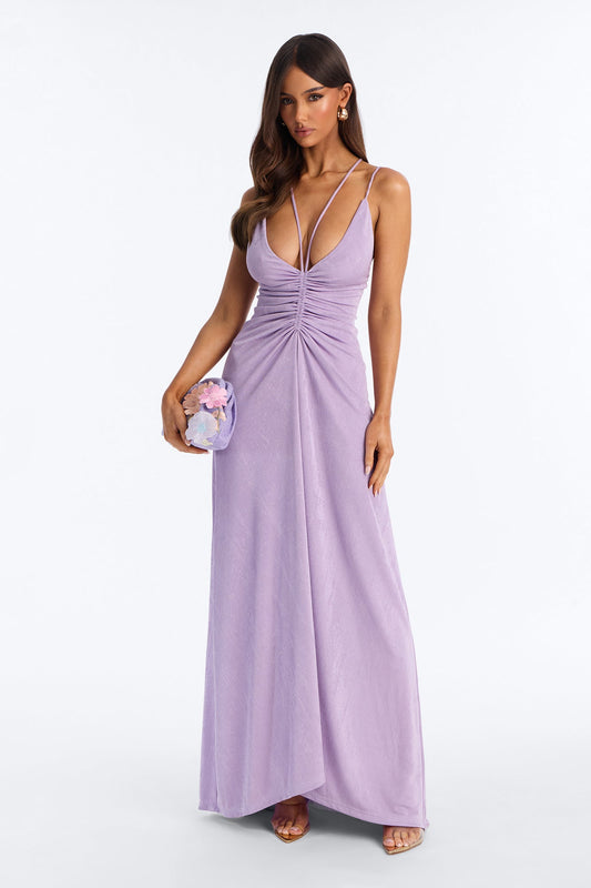 Bobbi Ruched Slinky Maxi Dress - Lavender