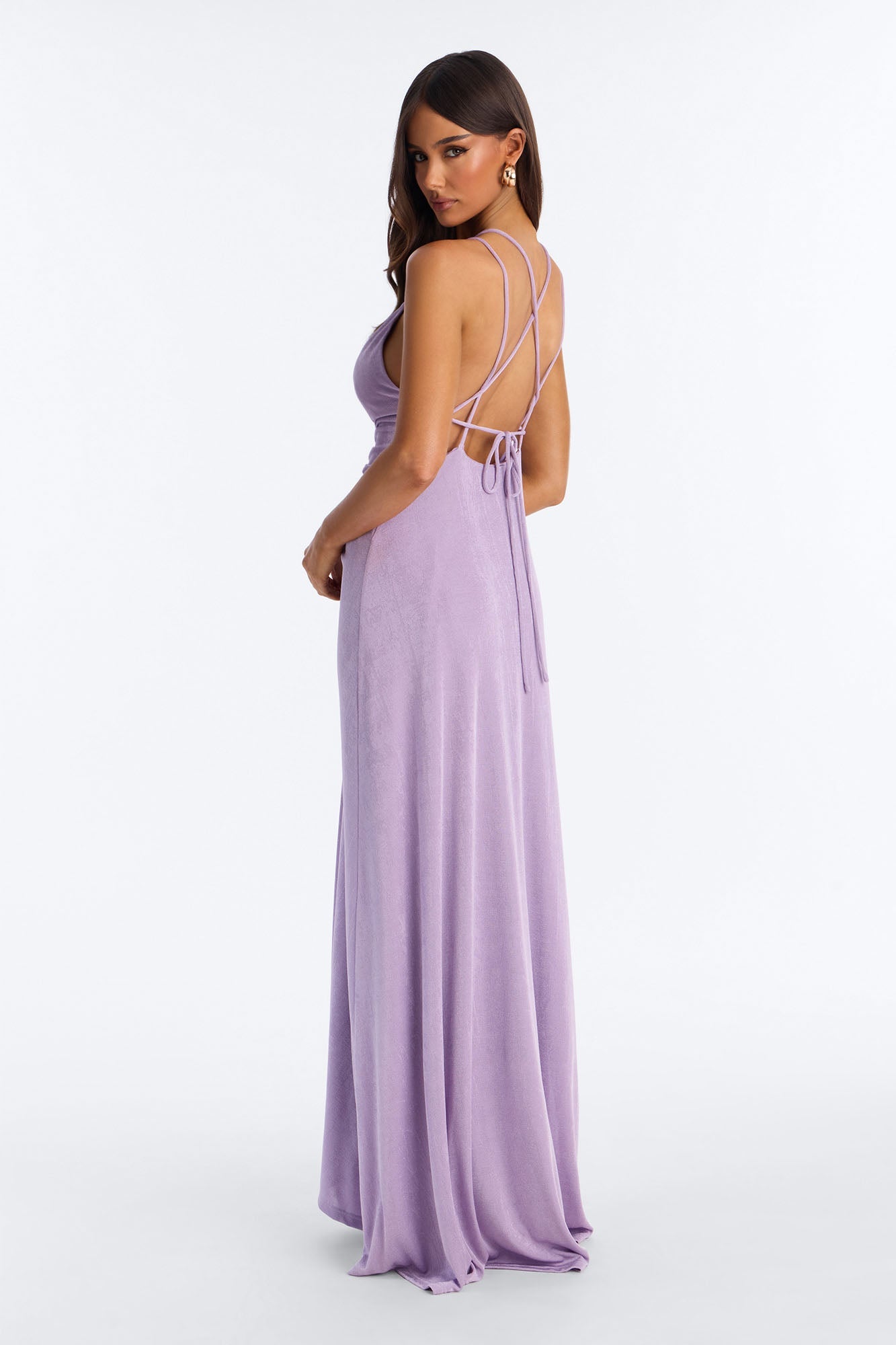 Bobbi Ruched Slinky Maxi Dress - Lavender