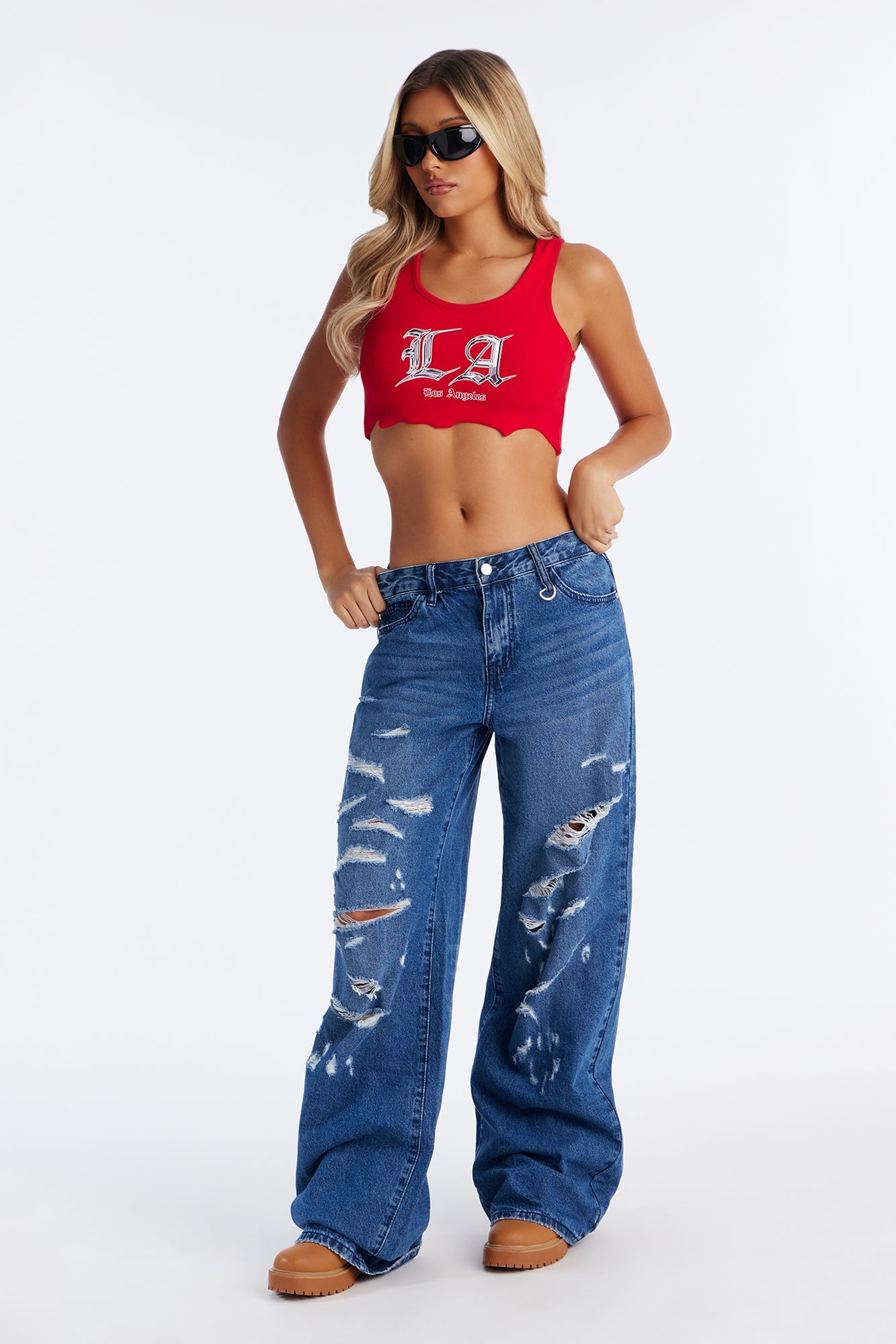 The Weekend Line Up Baggy Ripped Jeans - Medium Wash