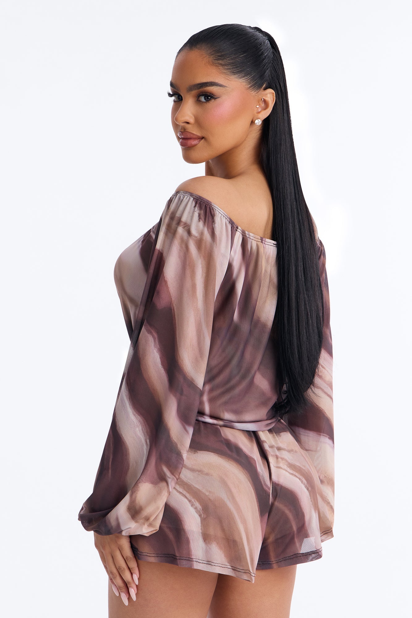 Rana Mesh Off Shoulder Romper - Brown