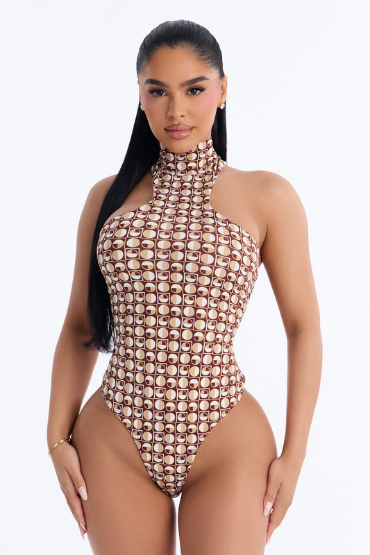 Retro Baddie Mock Neck Sleeveless Bodysuit - Brown/combo