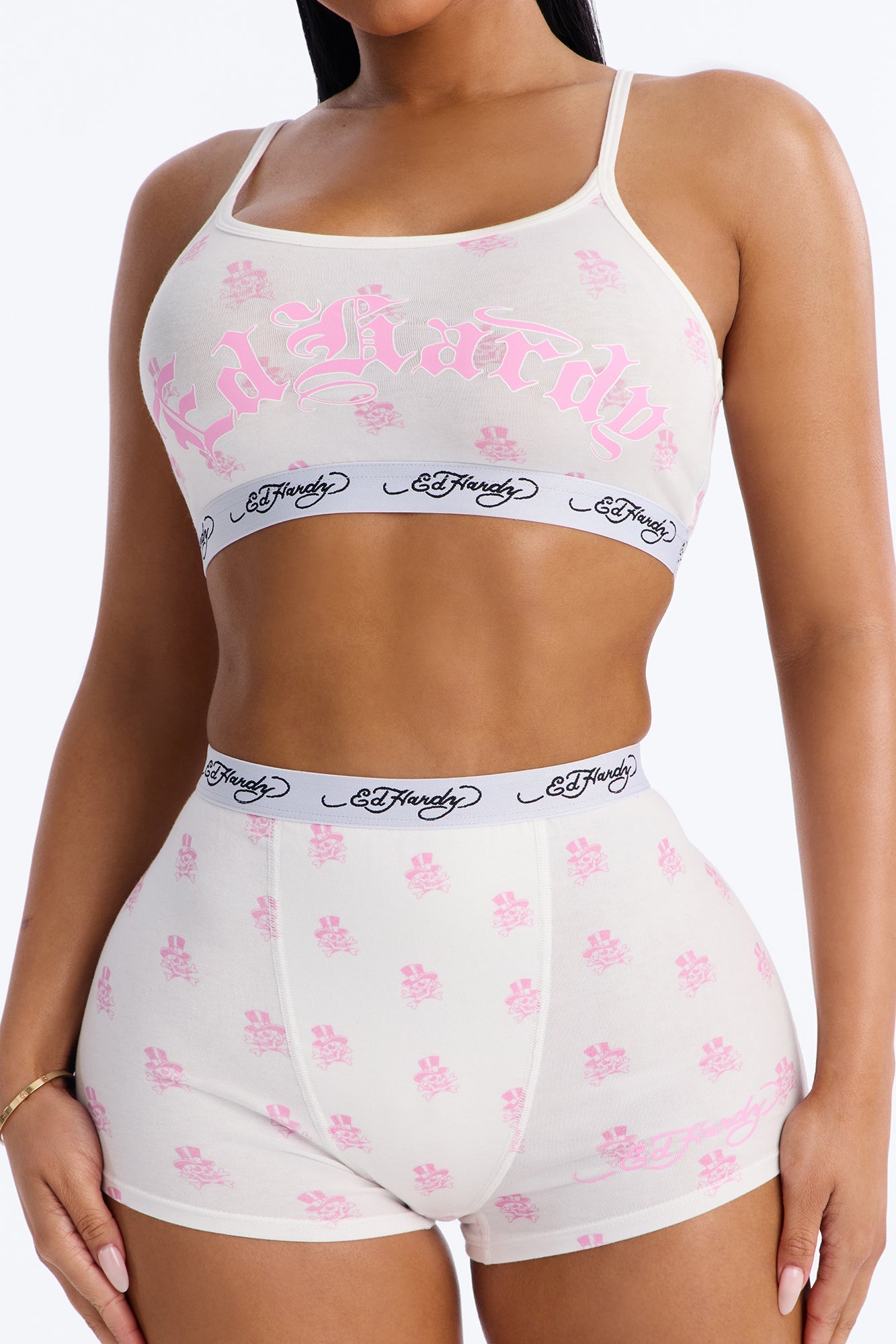 Ed Hardy Endless Skulls Bralette PJ Short Set - White/Pink