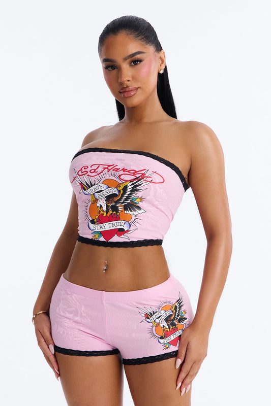 Ed Hardy Brave Hearts Tube Top PJ Short Set - Pink