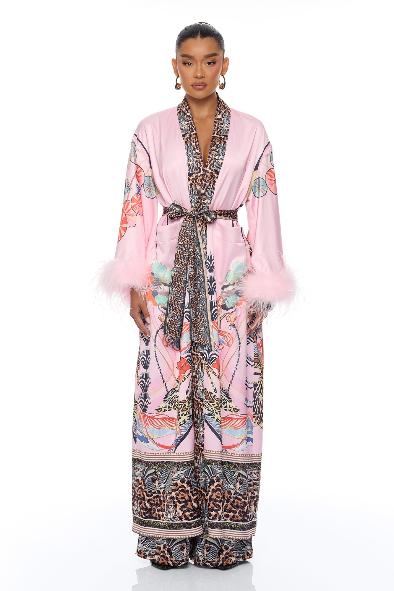 Luxe Lifestyle Feathered 3 Piece Satin Pant Set - Pink/combo