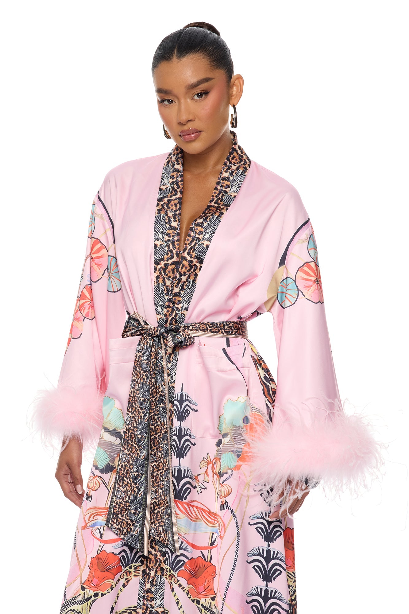 Luxe Lifestyle Feathered 3 Piece Satin Pant Set - Pink/combo