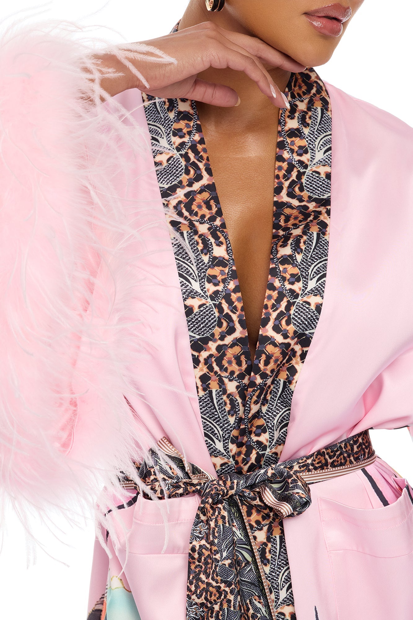 Luxe Lifestyle Feathered 3 Piece Satin Pant Set - Pink/combo