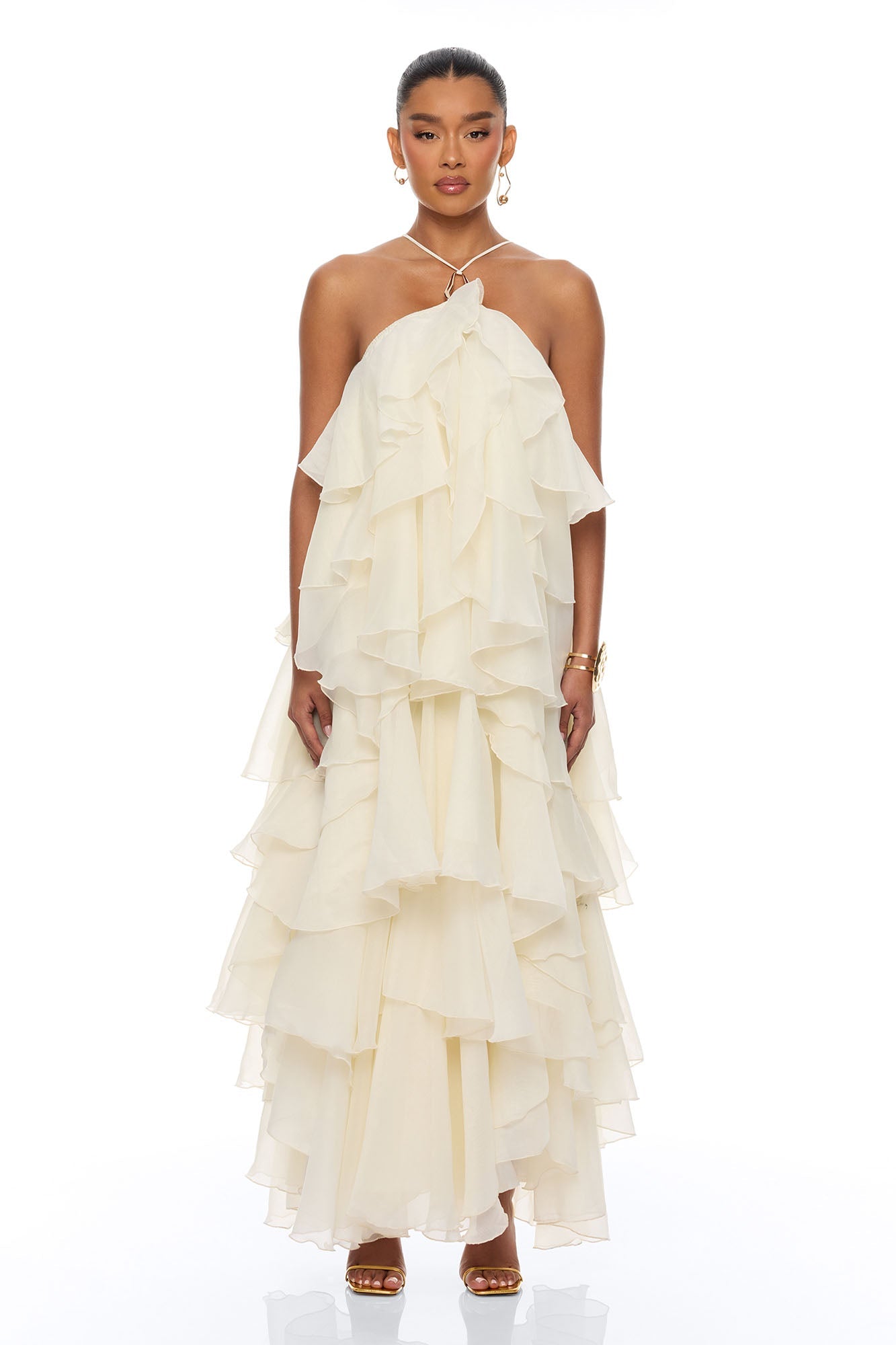 Lylah Ruffle Chiffon Maxi Dress - Cream