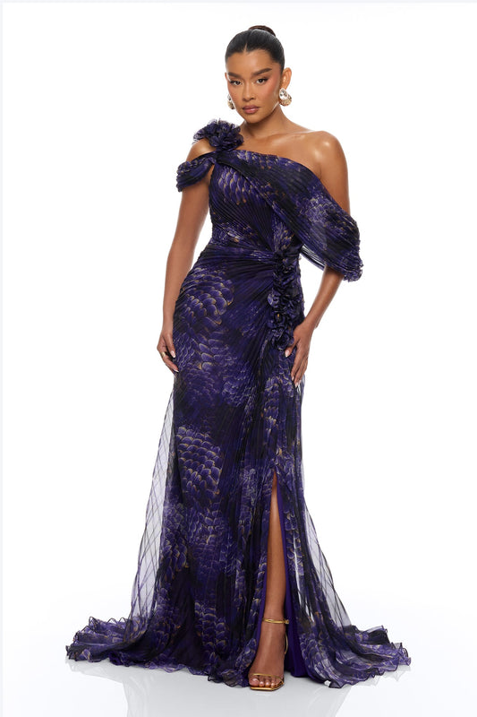 Odette Pleated Chiffon Gown - Purple/combo