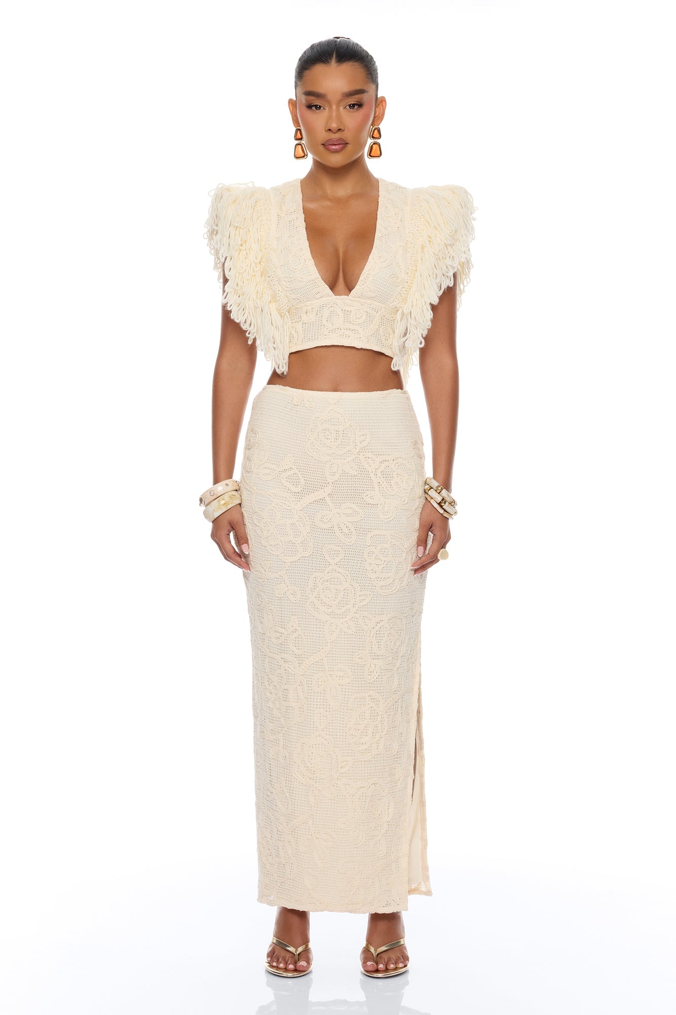Coastal Vibe Fringe Crochet Skirt Set - Sand