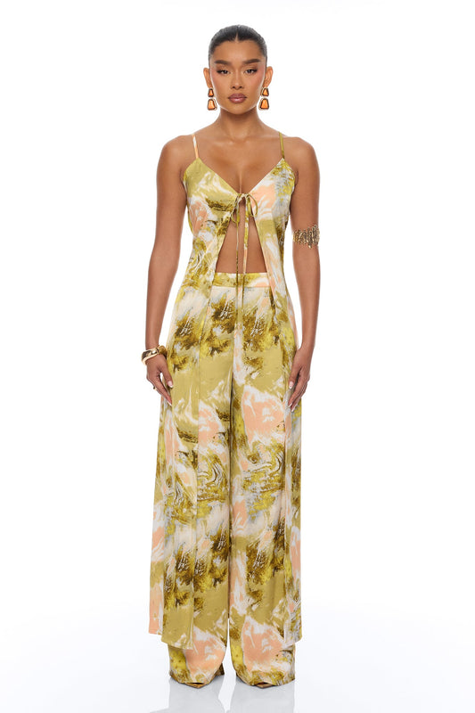 Off To The Tropics Satin Pant Set - Green/combo