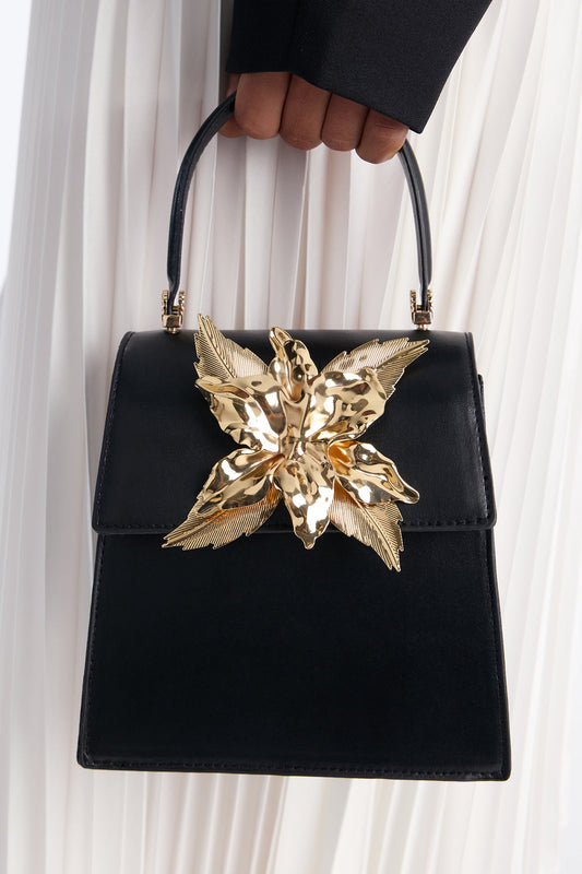 Floral Dreams Faux Leather Satchel Handbag - Black/Gold