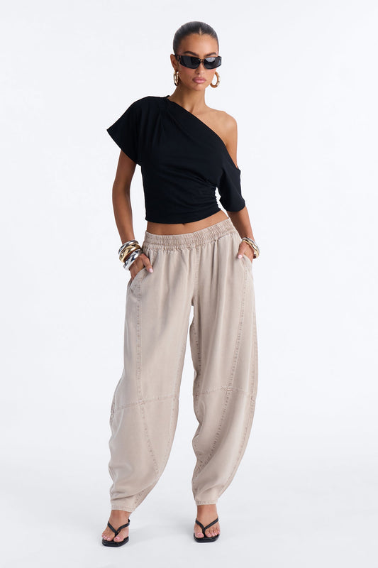 Jeannie Mid Rise Washed Barrel Pants - Stone