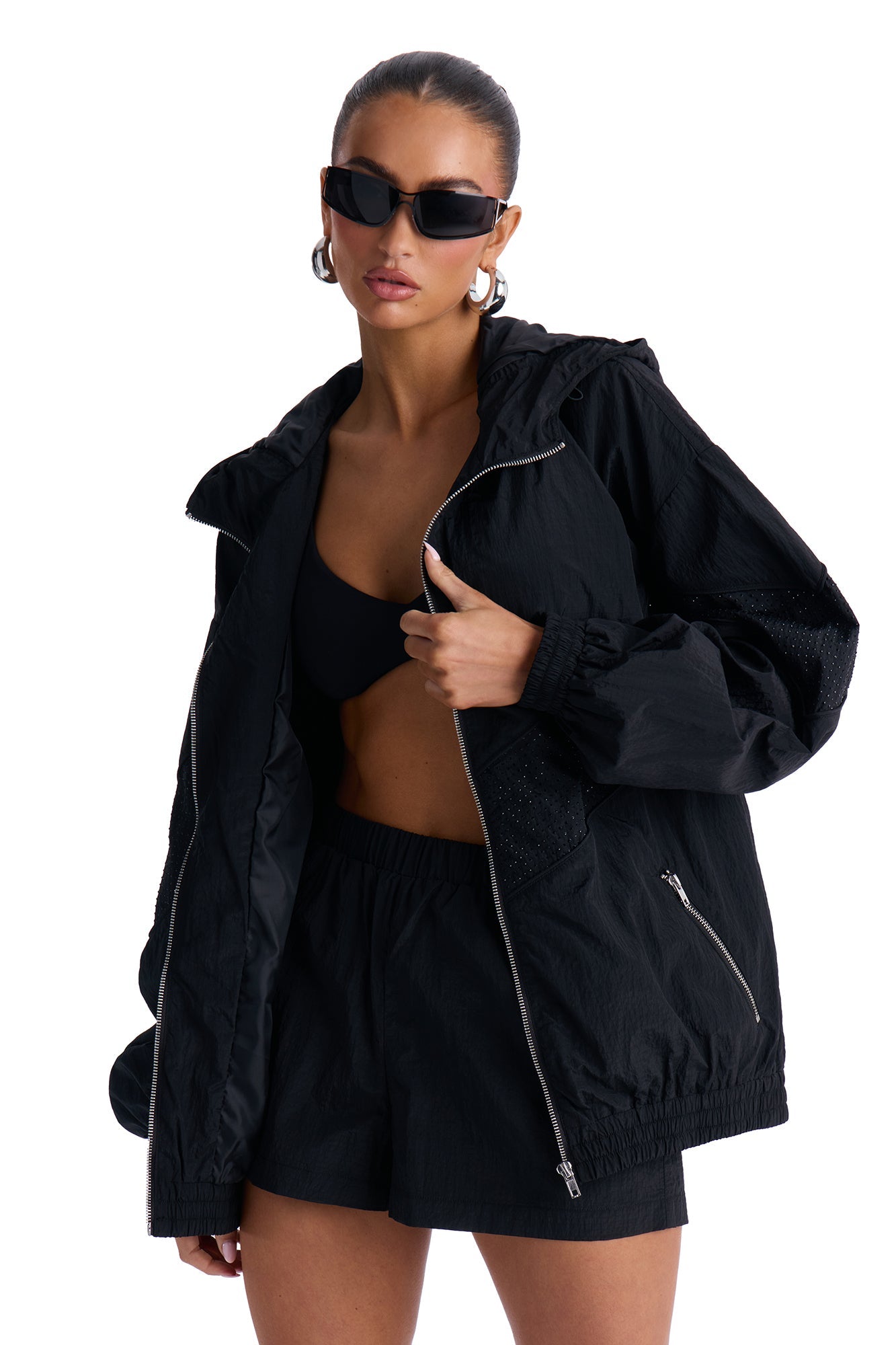 Riley Rhinestone Windbreaker Short Set - Black