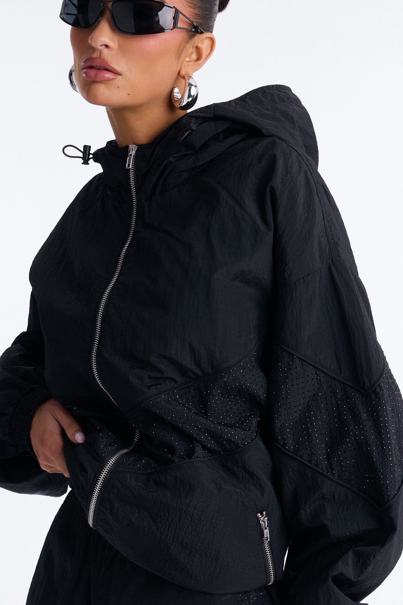 Riley Rhinestone Windbreaker Short Set - Black