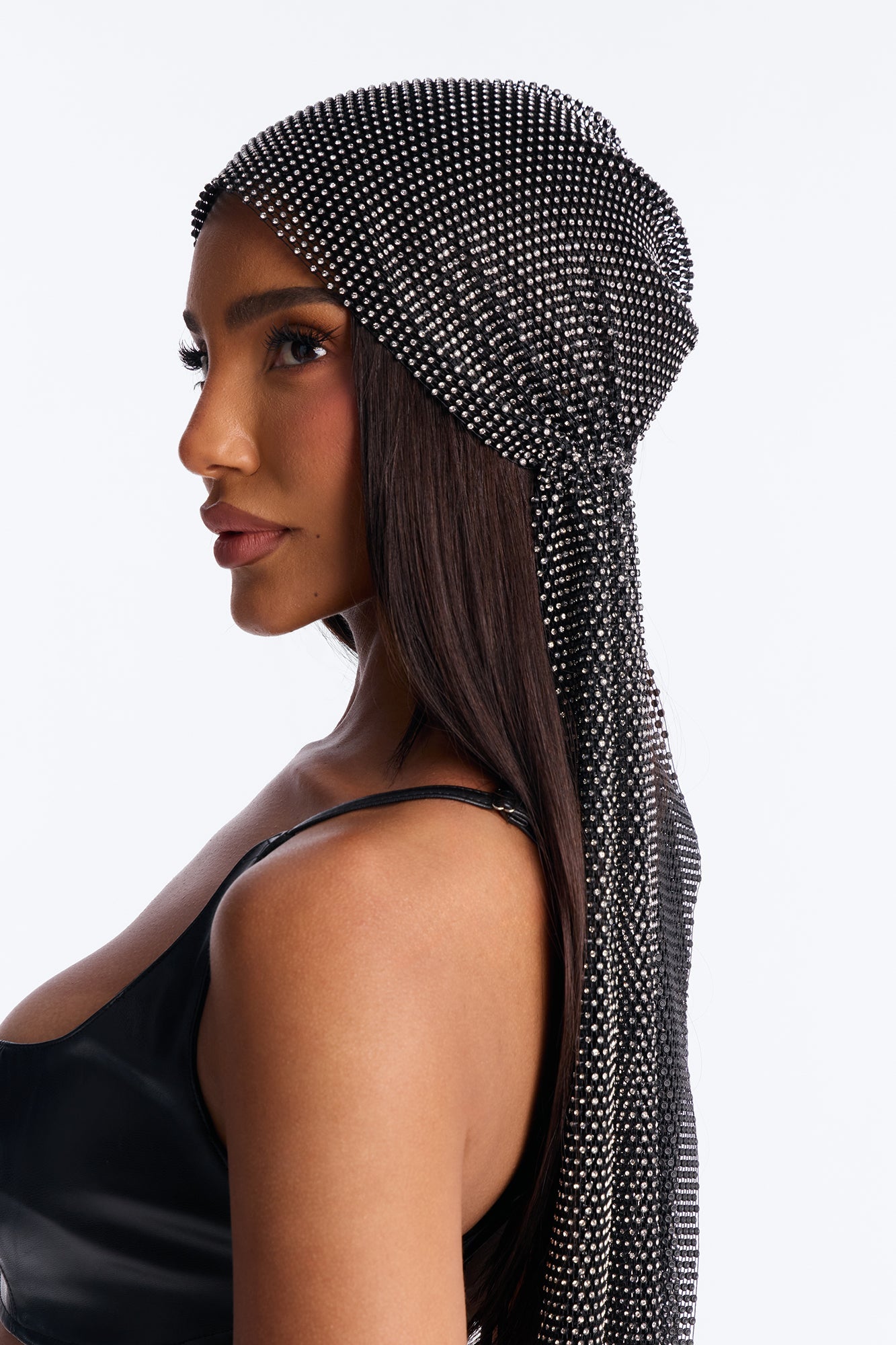 A Flash In The Night Oversized Rhinestone Head Scarf - Black