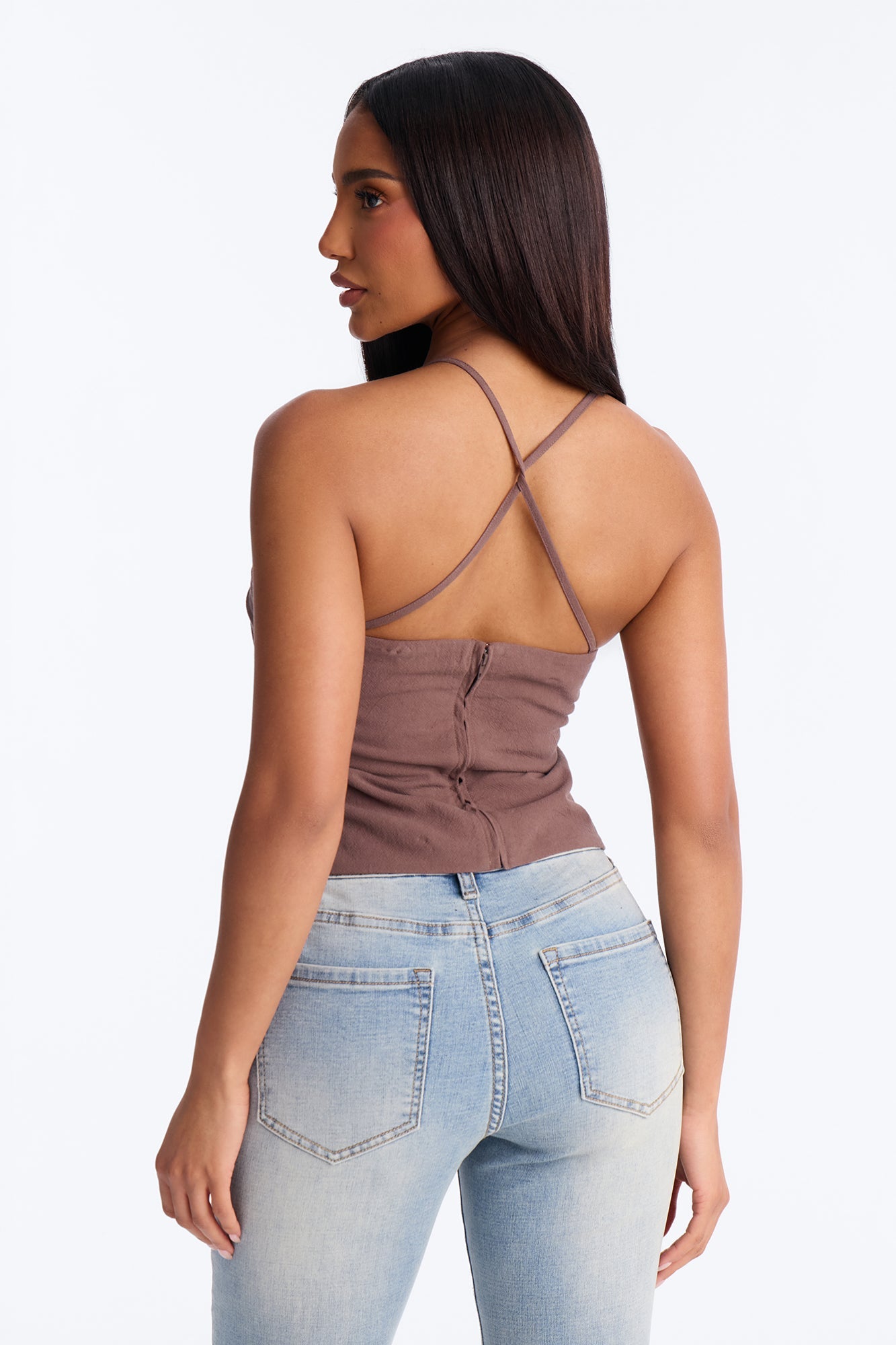 Flirty Fit Check Pleated Twill Cami Top - Chocolate