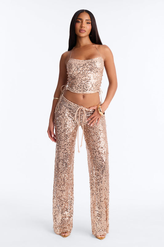 Paige Sequin Crochet Halter Pant Set - Gold