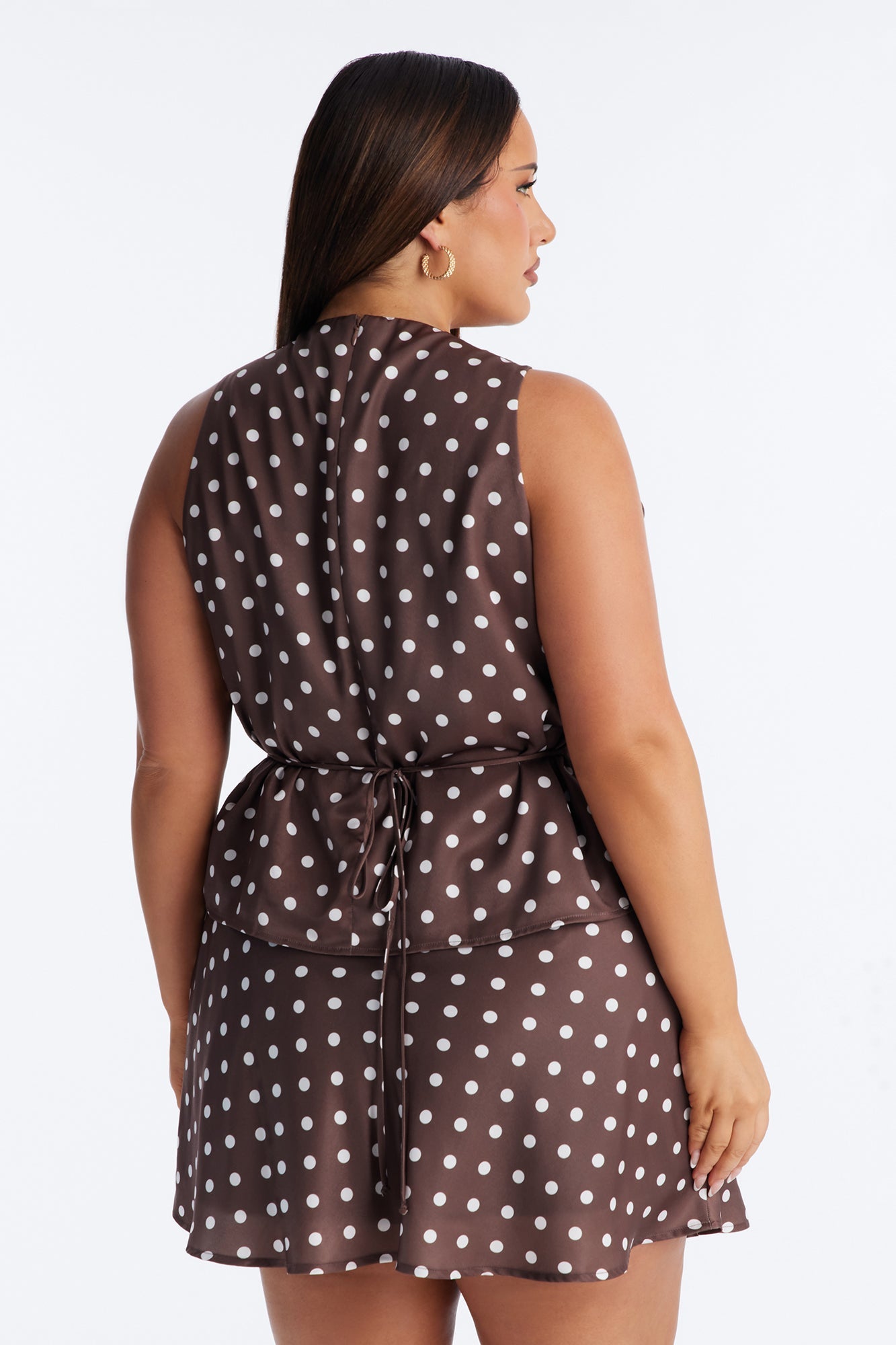 Satin Daydream Polka Dot Tie Waist Top - Brown/combo
