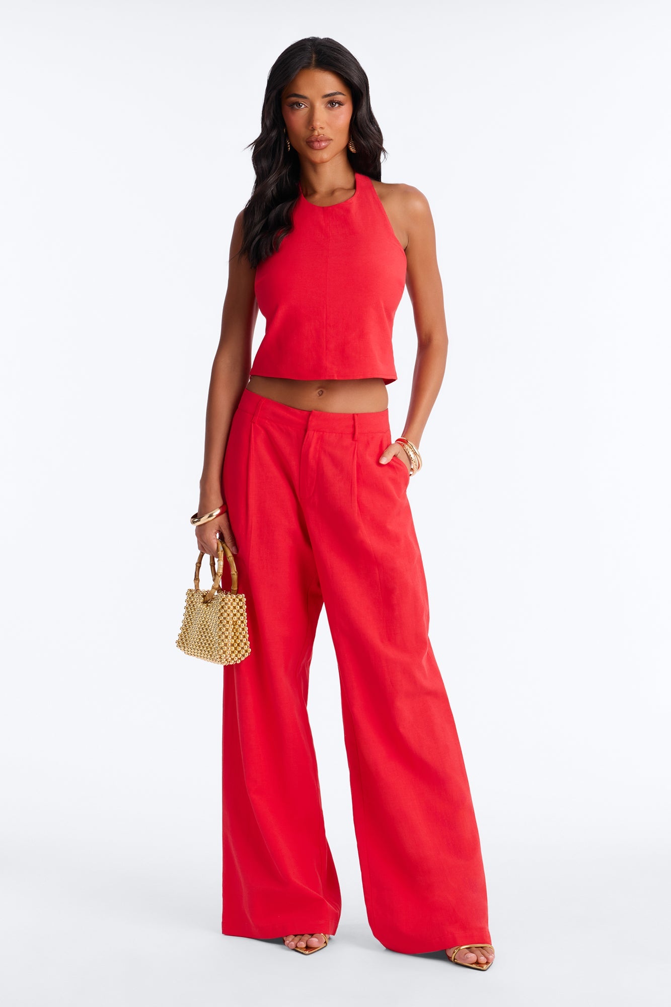 Ocean Breeze Linen Low Rise Pant 33″ - Tomato Red