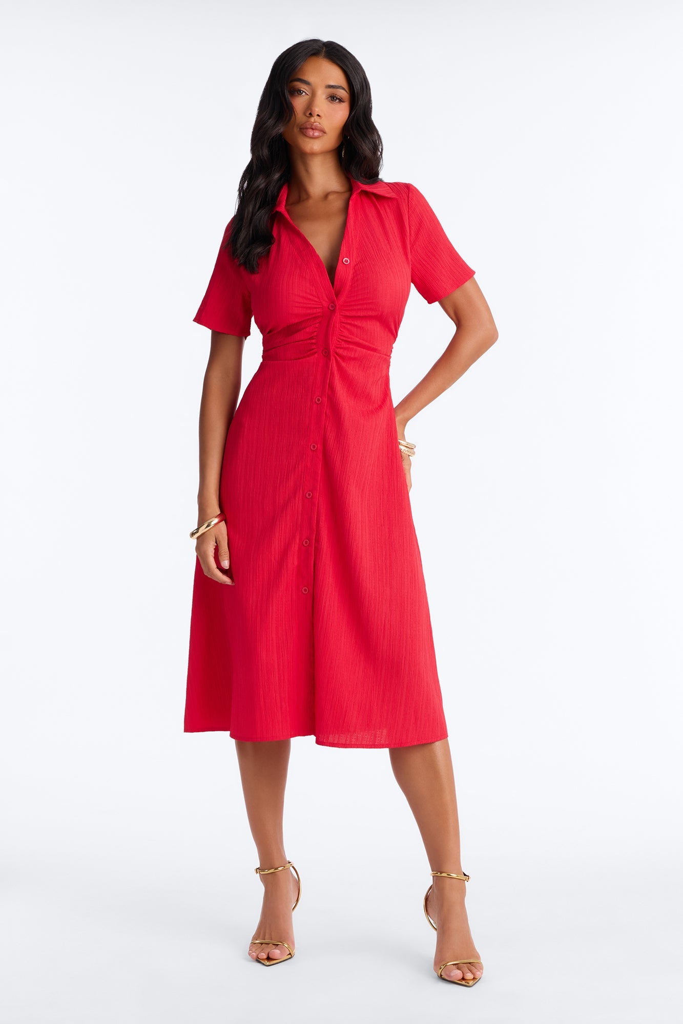 Carmen Ruched Shirt Midi Dress - Red