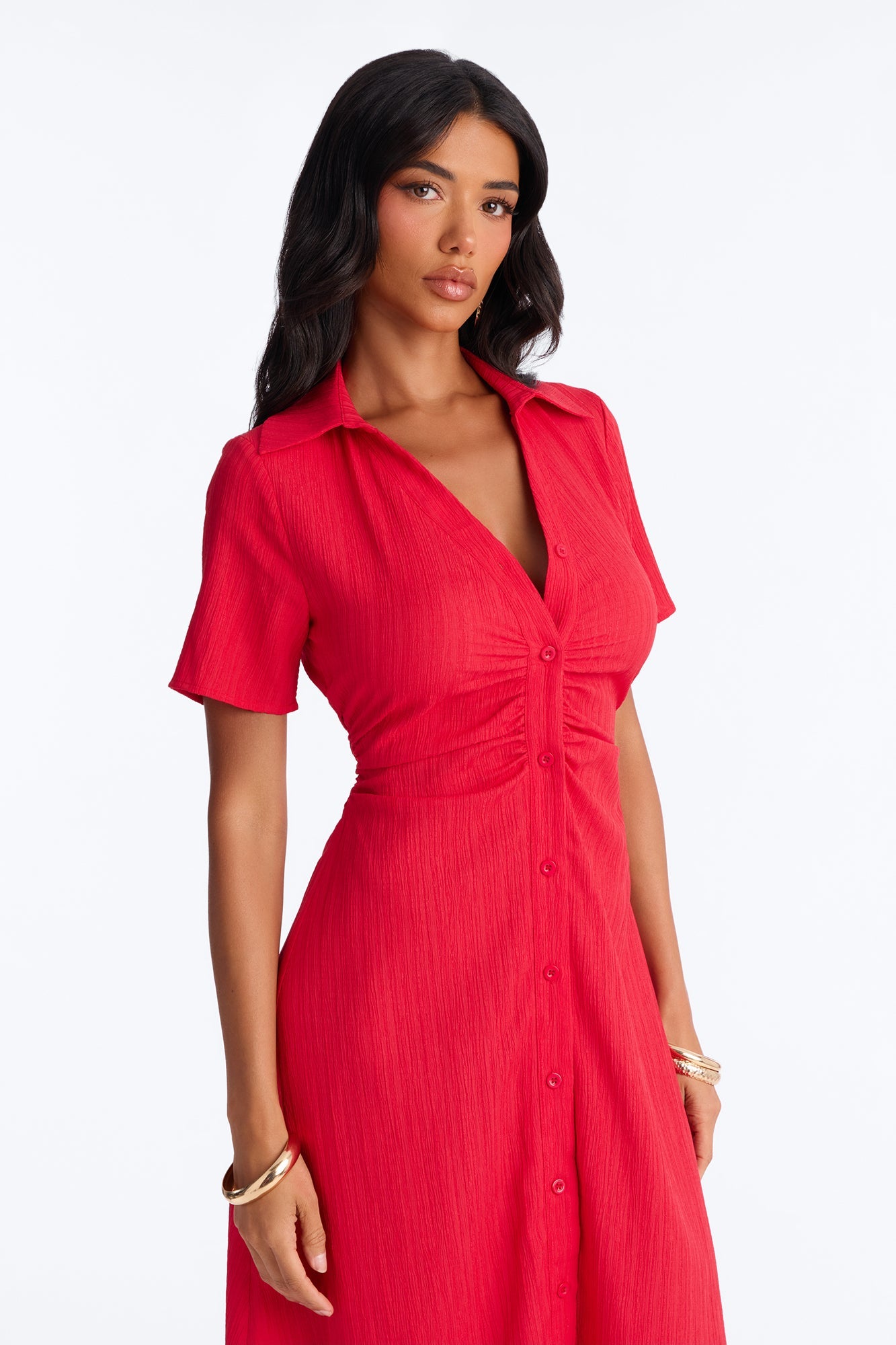 Carmen Ruched Shirt Midi Dress - Red