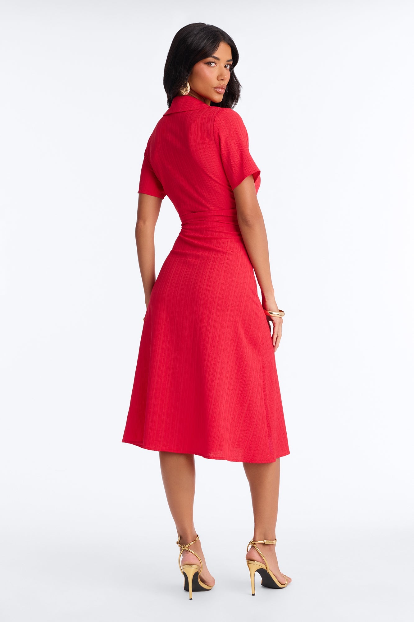 Carmen Ruched Shirt Midi Dress - Red