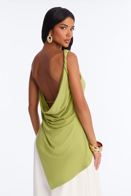 Elara Asymmetrical Twist Sleeveless Long Top - Chartreuse