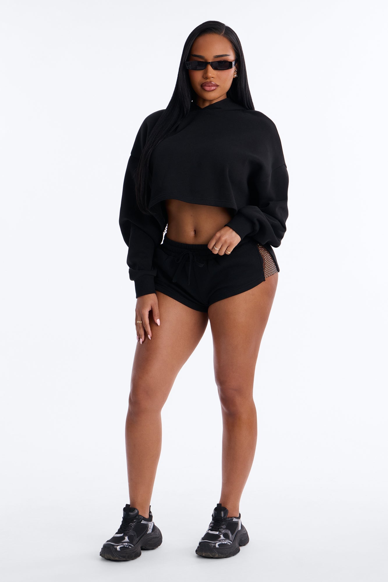 Midnight Sparkle Rhinestone Fleece Short Set - Black
