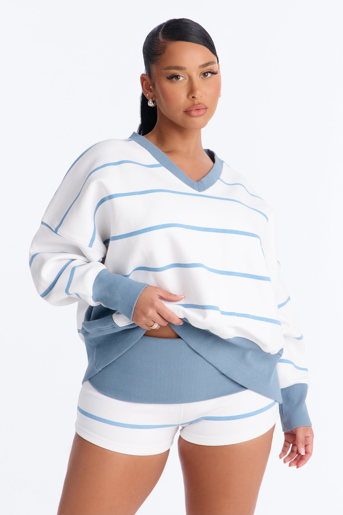 Ellie Striped Fold Over Micro Short Set - White/Blue