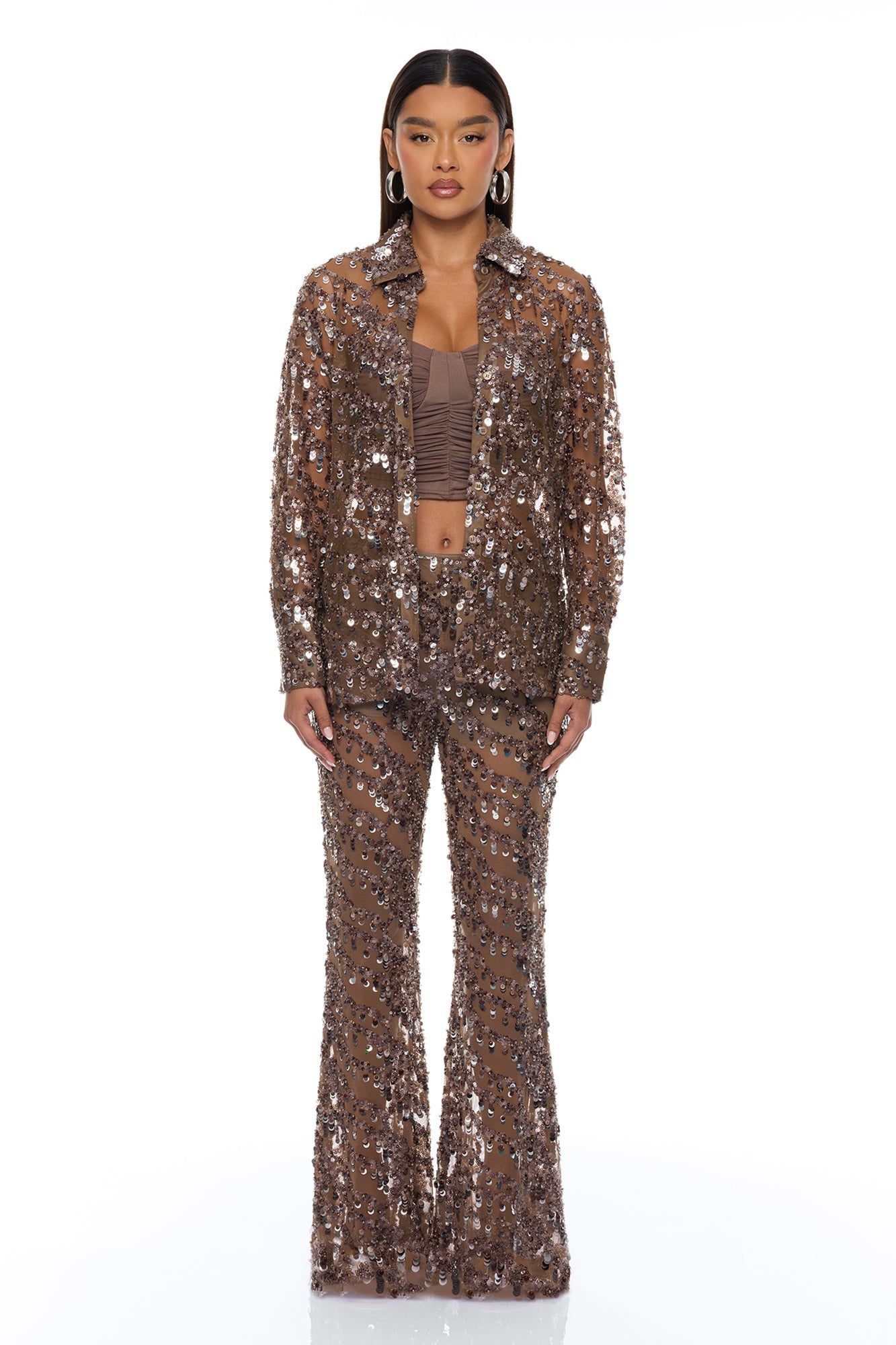 Zariah Sheer Sequin Pant - Bronze