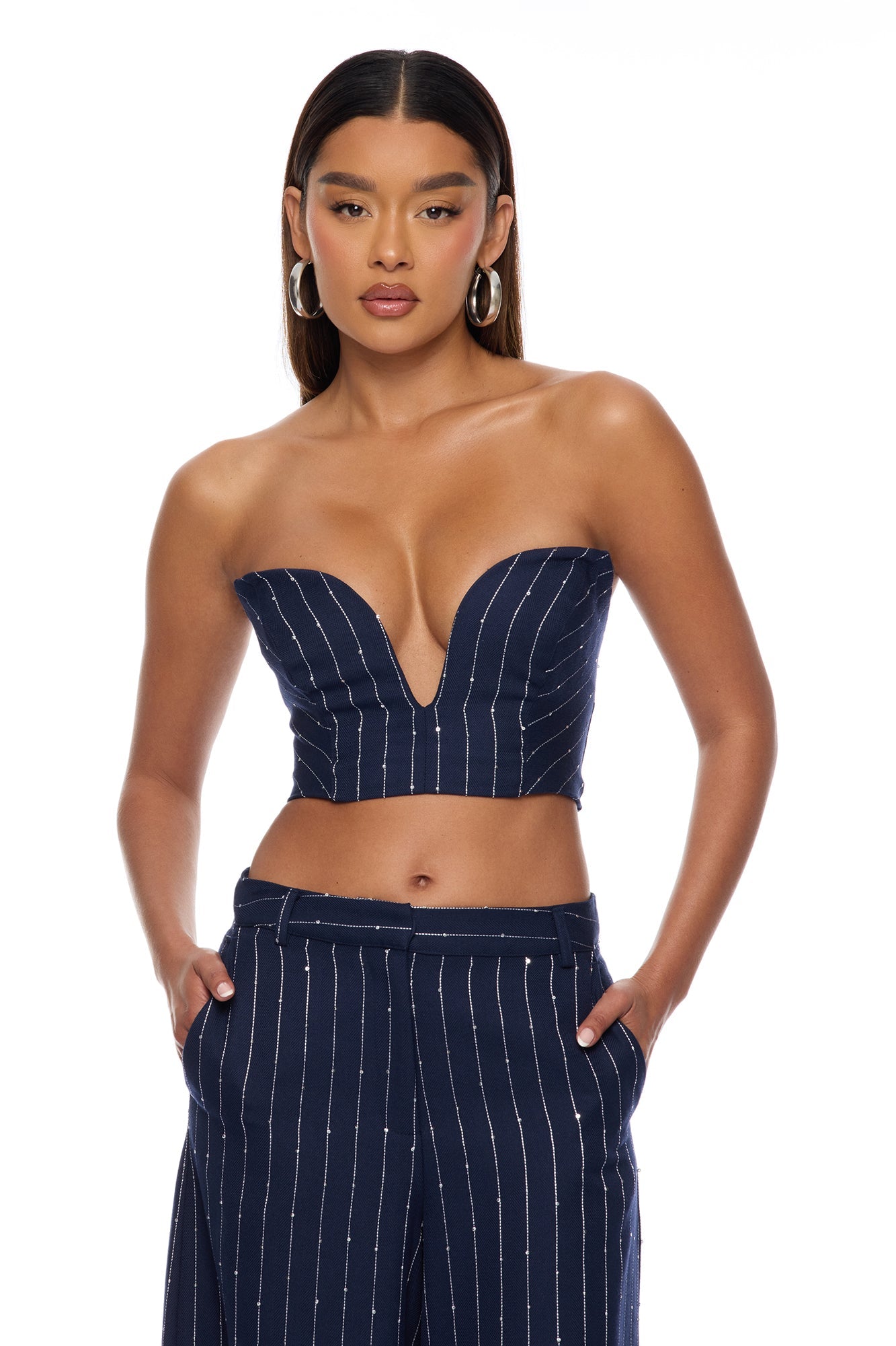 Adyson Embellished Pinstripe Bandeau Top - Navy/combo