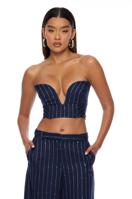 Adyson Embellished Pinstripe Bandeau Top - Navy/combo