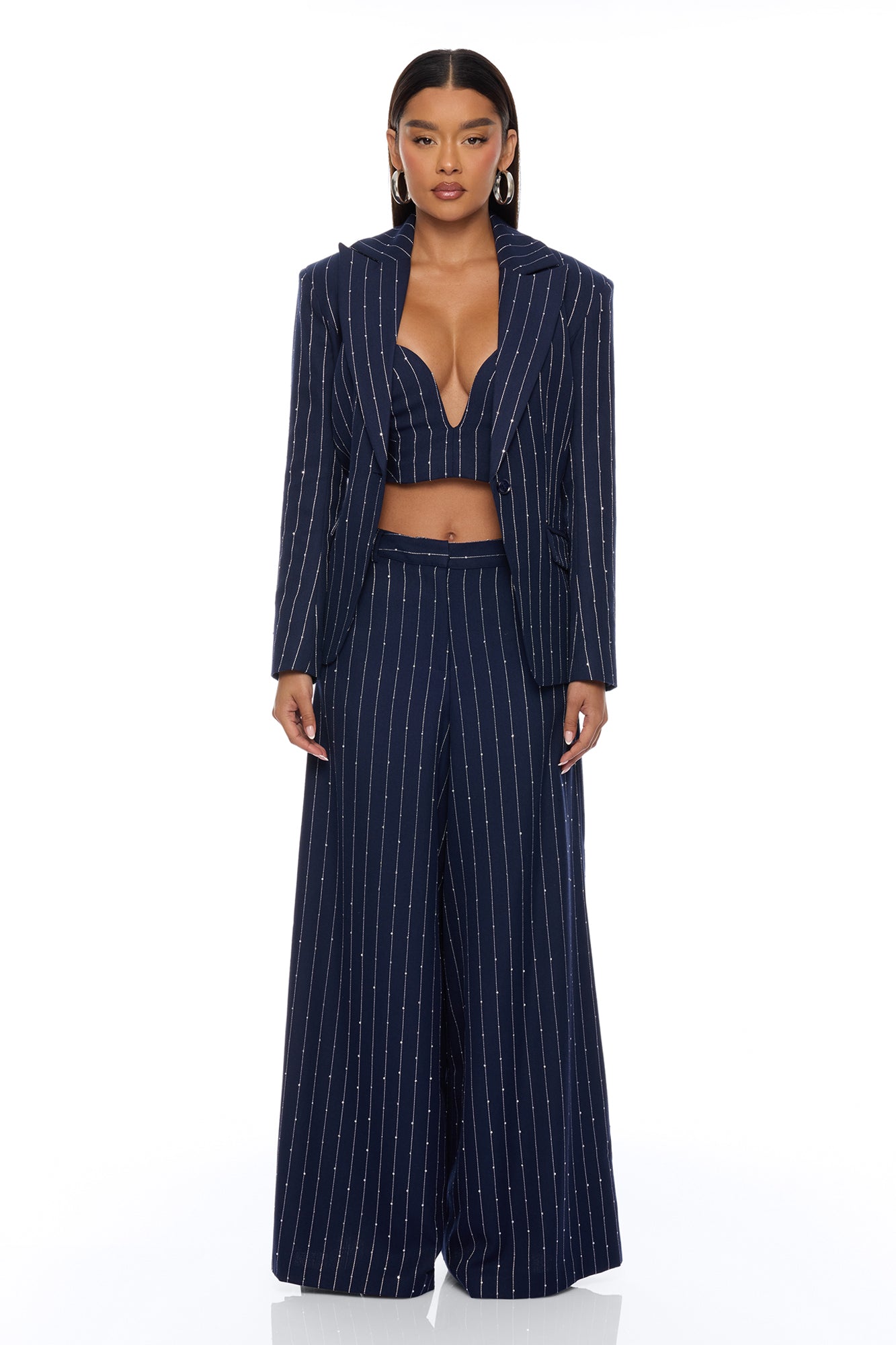 Adyson Embellished Pinstripe Wide Leg Pant - Navy/combo