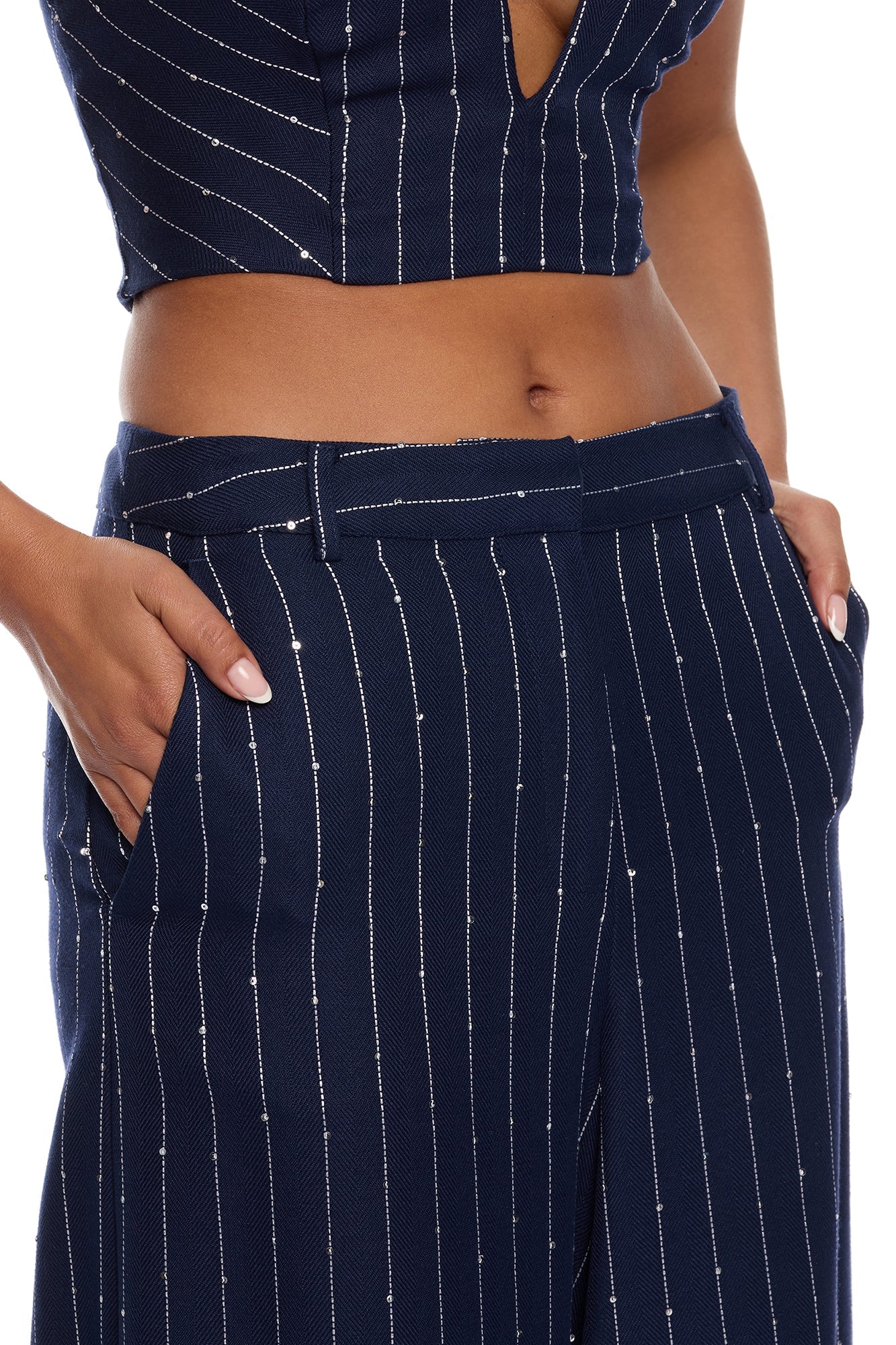 Adyson Embellished Pinstripe Wide Leg Pant - Navy/combo