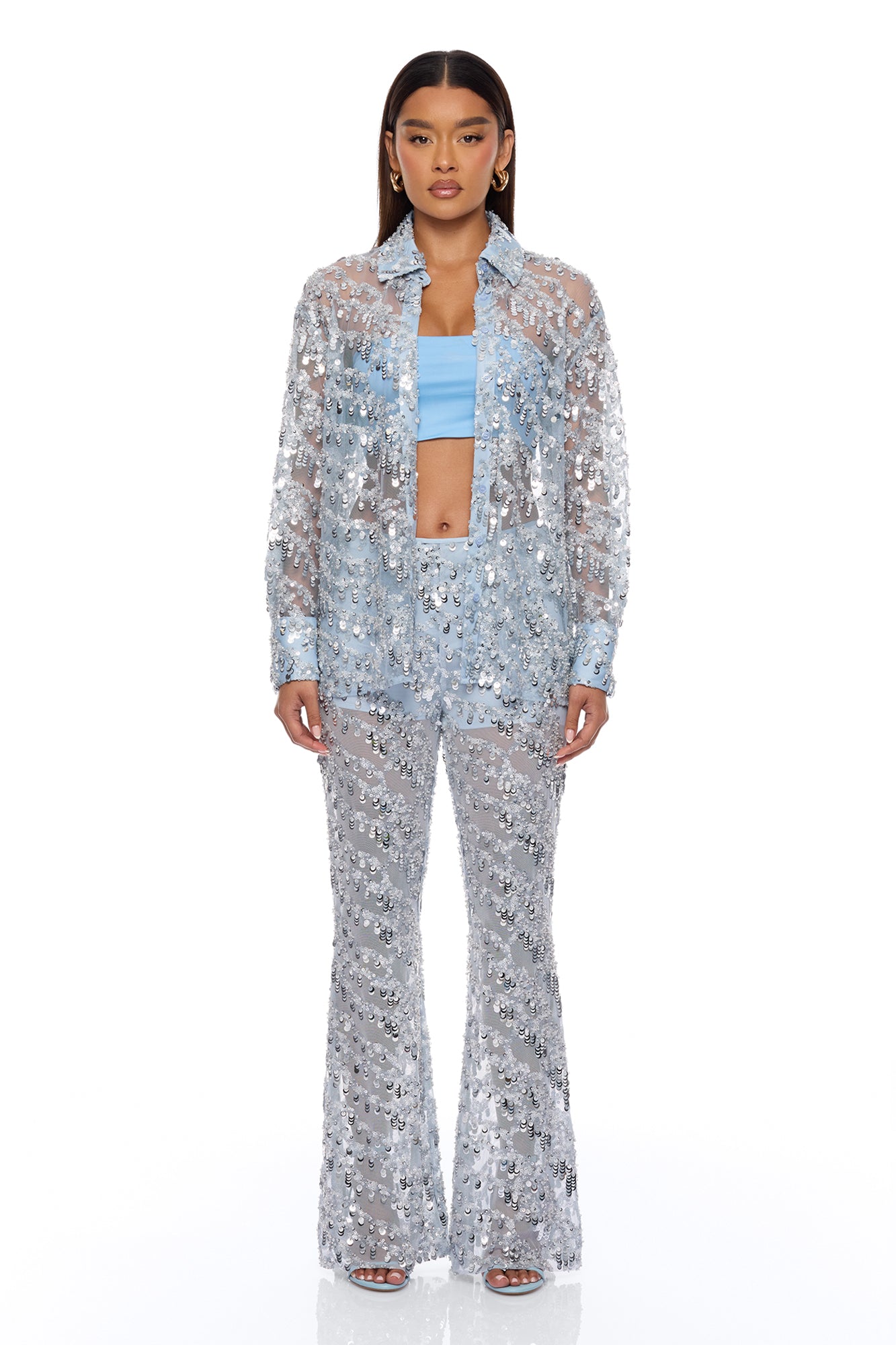 Zariah Sheer Sequin Pant - Light Blue